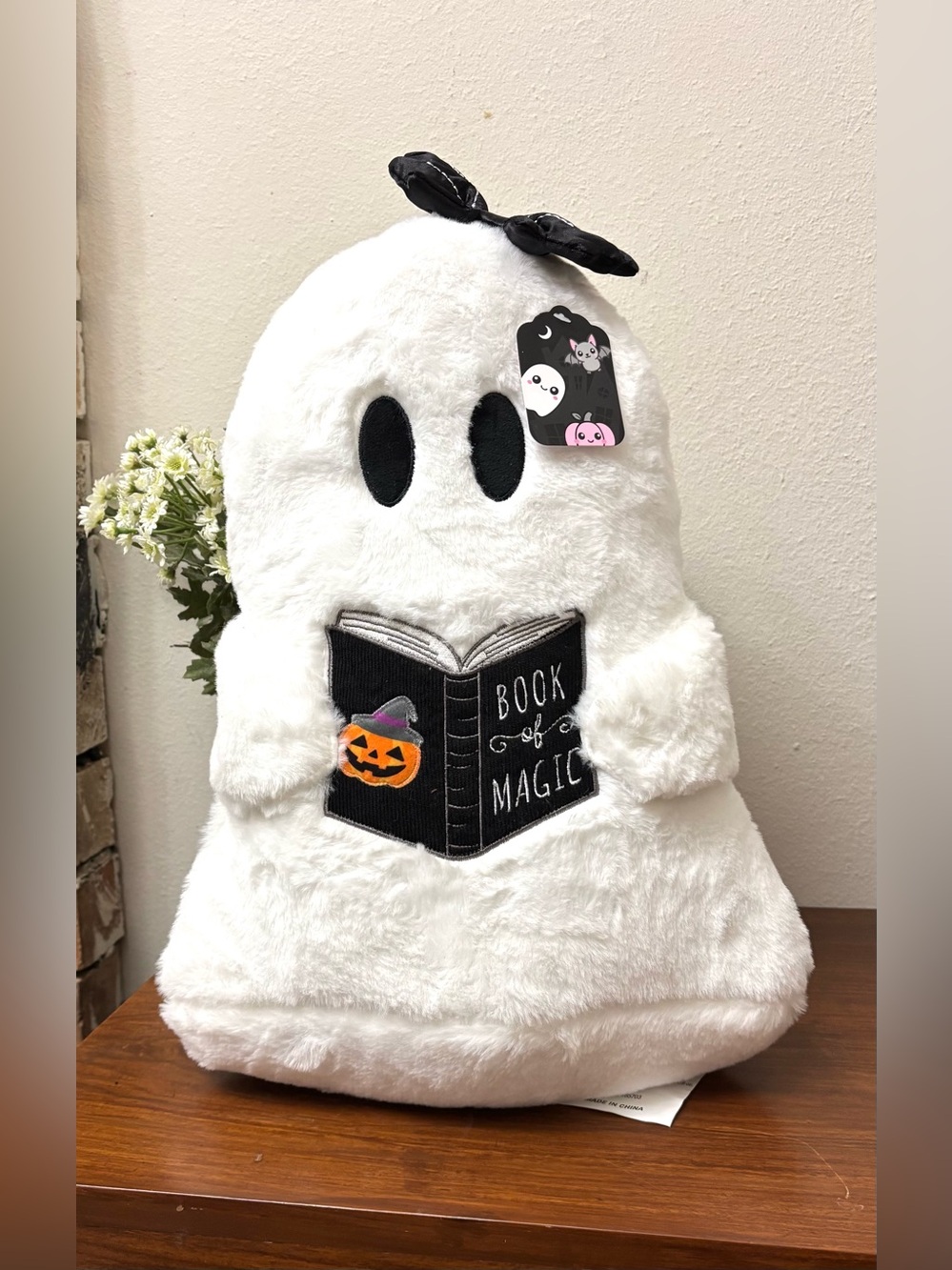 HALLOWEEN GHOST PILLOW BABY GIRL READING BOOK OF MAGIC LG 17X11 COQUETTE GOTHIC